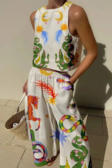 Trendy Women's Two-Piece Beach Cover-Up Set with Top and Wide-Leg Pants