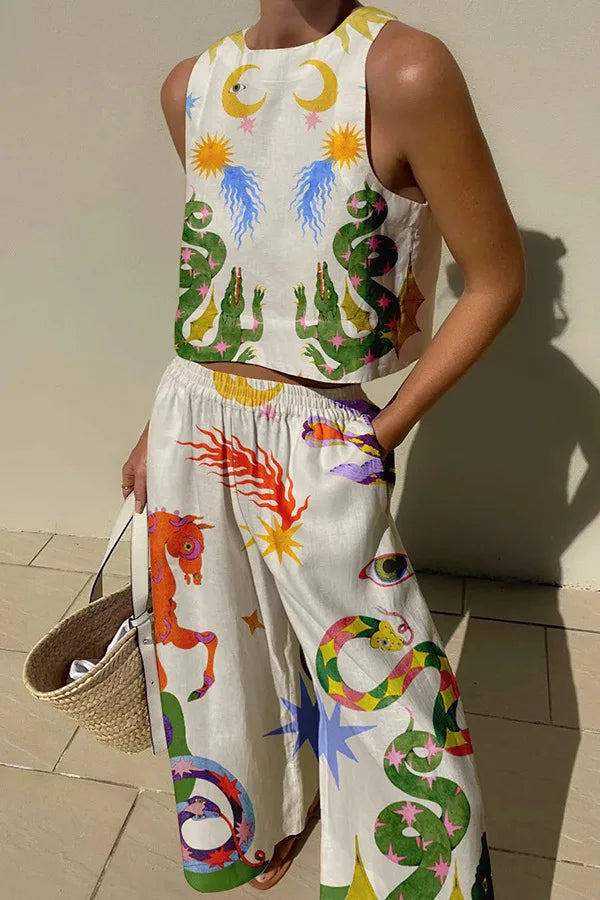 Trendy Women's Two-Piece Beach Cover-Up Set with Top and Wide-Leg Pants