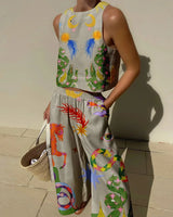 Trendy Women's Two-Piece Beach Cover-Up Set with Top and Wide-Leg Pants