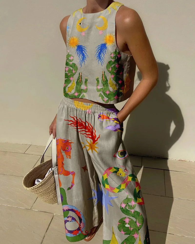 Trendy Women's Two-Piece Beach Cover-Up Set with Top and Wide-Leg Pants