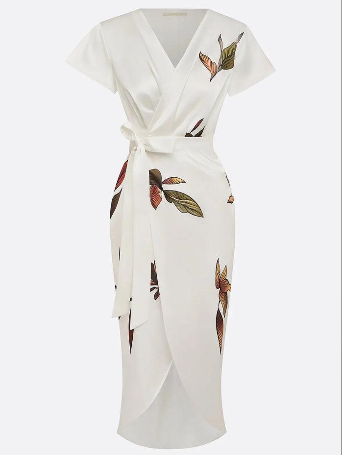 Satijnen Midi Jurk Dames met Bladerenprint en V-hals - Korte Mouwen Wrap Jurk voor Bruiloft en Dagelijks Gebruik 3