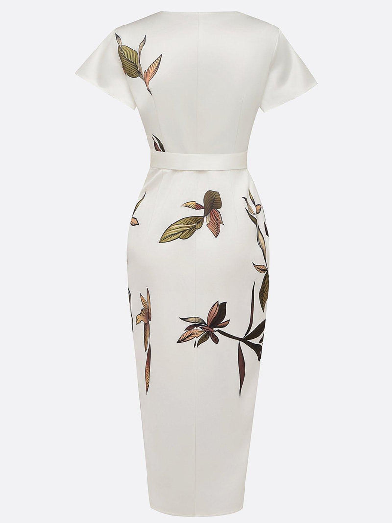 Satijnen Midi Jurk Dames met Bladerenprint en V-hals - Korte Mouwen Wrap Jurk voor Bruiloft en Dagelijks Gebruik 4