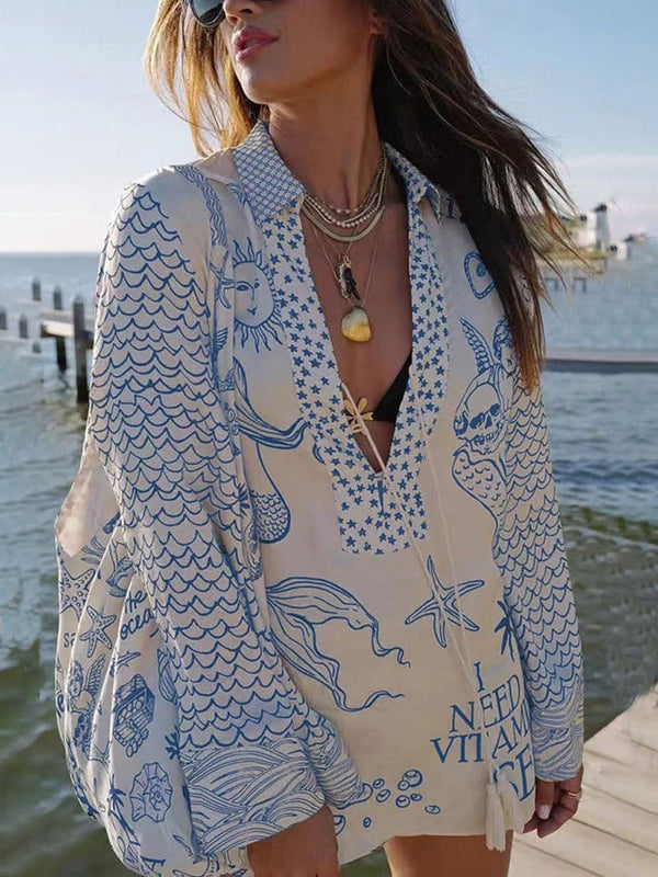 Satin Print Shirt met Fringe en Elastische Taille Shorts Set – Losse Pasvorm voor Comfort en Stijl 1