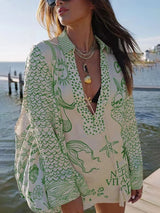 Satin Print Shirt met Fringe en Elastische Taille Shorts Set – Losse Pasvorm voor Comfort en Stijl 2