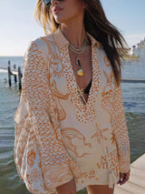 Satin Print Shirt met Fringe en Elastische Taille Shorts Set – Losse Pasvorm voor Comfort en Stijl 3