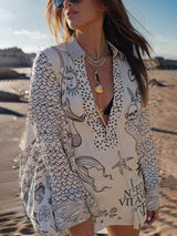 Satin Print Shirt met Fringe en Elastische Taille Shorts Set – Losse Pasvorm voor Comfort en Stijl 5
