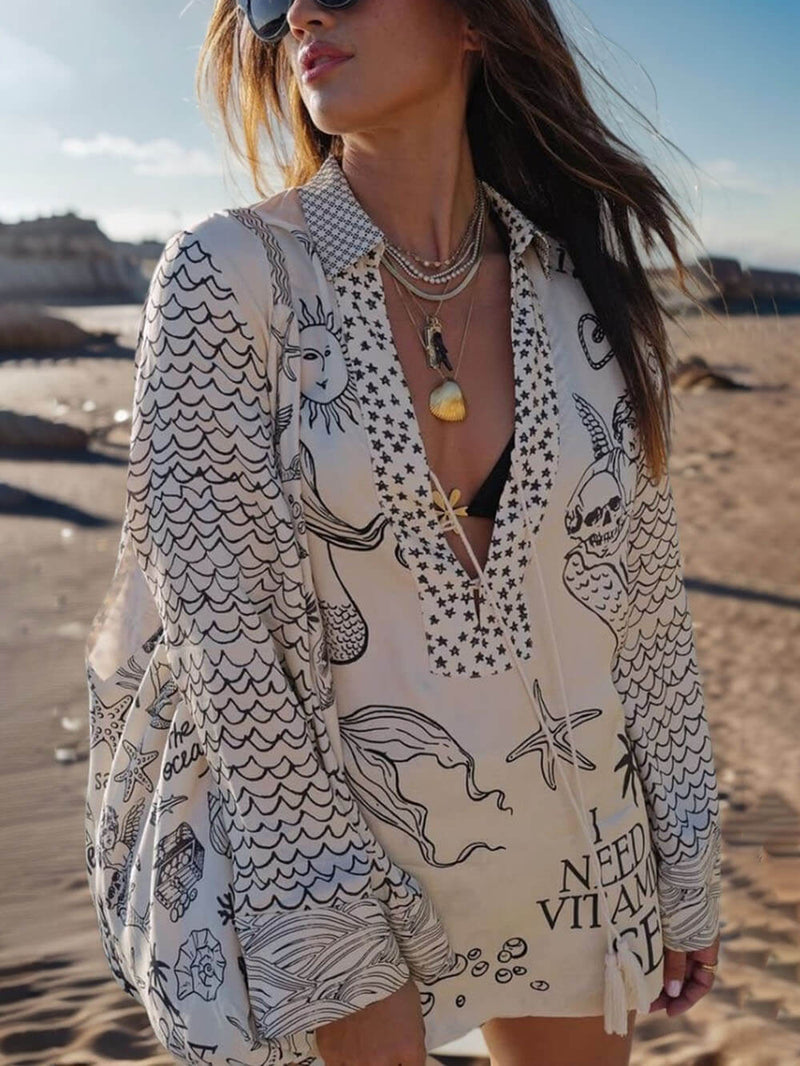 Satin Print Shirt met Fringe en Elastische Taille Shorts Set – Losse Pasvorm voor Comfort en Stijl 5