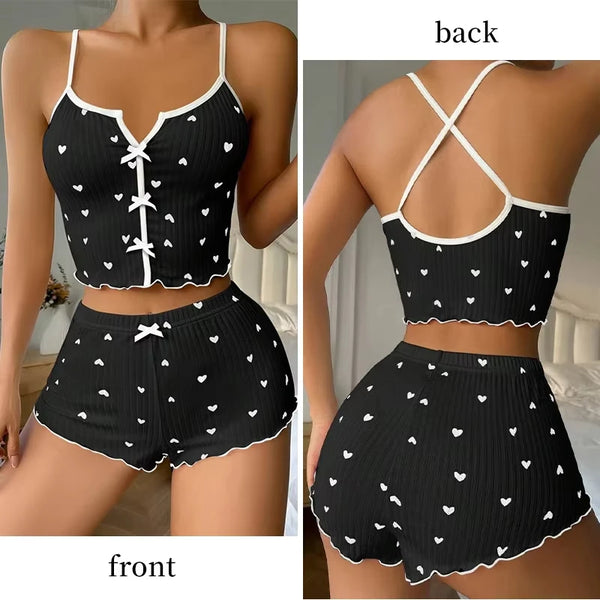 Silk Heart Print Pajamas Set for Women – V-Neck Cami Top and Shorts Loungewear 0