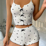Silk Heart Print Pajamas Set for Women – V-Neck Cami Top and Shorts Loungewear 10