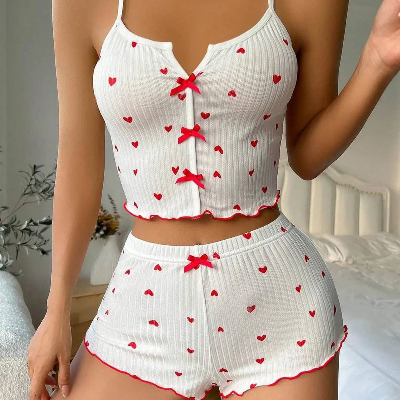 Silk Heart Print Pajamas Set for Women – V-Neck Cami Top and Shorts Loungewear 11