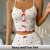 Silk Heart Print Pajamas Set for Women – V-Neck Cami Top and Shorts Loungewear 1