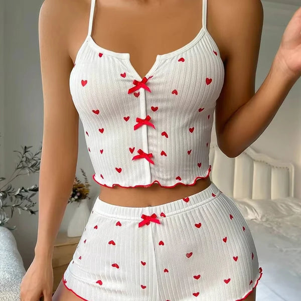 Silk Heart Print Pajamas Set for Women – V-Neck Cami Top and Shorts Loungewear 2