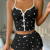 Silk Heart Print Pajamas Set for Women – V-Neck Cami Top and Shorts Loungewear 3