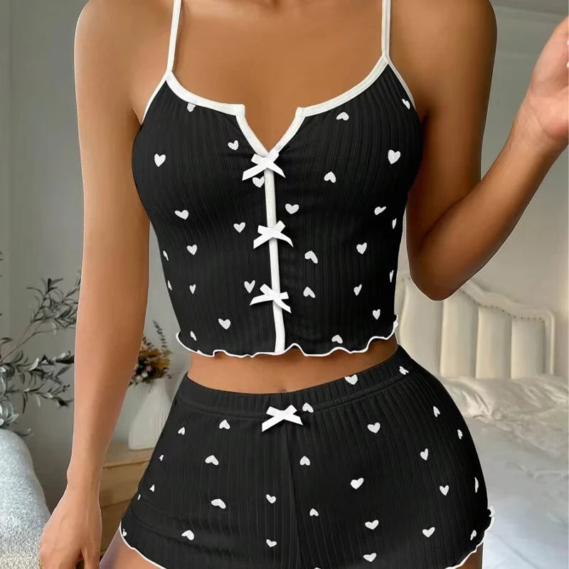 Silk Heart Print Pajamas Set for Women – V-Neck Cami Top and Shorts Loungewear 3