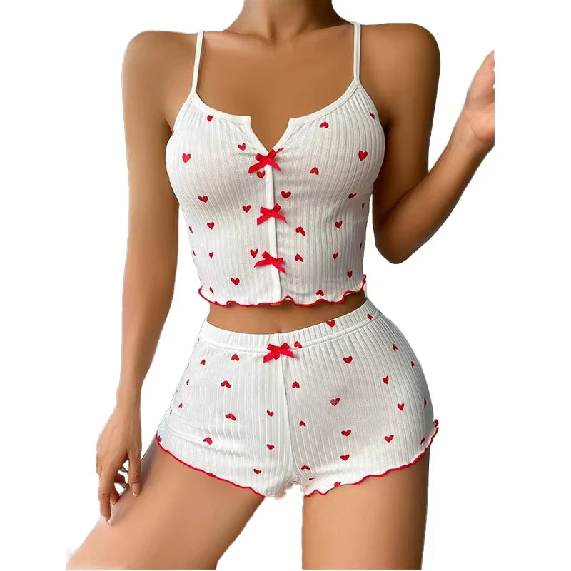 Silk Heart Print Pajamas Set for Women – V-Neck Cami Top and Shorts Loungewear 4