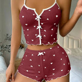 Silk Heart Print Pajamas Set for Women – V-Neck Cami Top and Shorts Loungewear 6