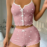 Silk Heart Print Pajamas Set for Women – V-Neck Cami Top and Shorts Loungewear 8