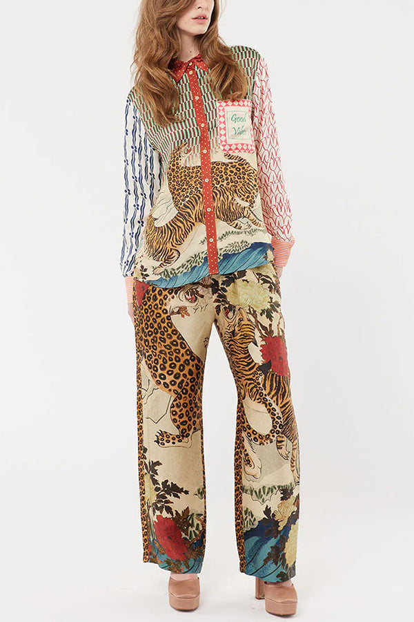 Tropische Jungle Tijgerprint Set met Lange Mouwen en Elastische Taillebroek - Ademend Polyester, Losse Pasvorm, Enkellang 0