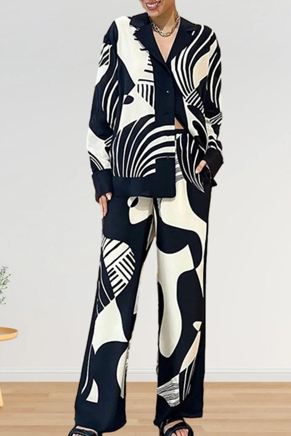 Tweedelige Dames Set met Omgekeerde Halslijn en Wijde Pijpen - Zwart Polyester Sportkleding Dames Set 0