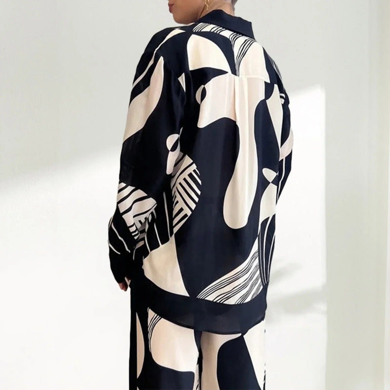 Tweedelige Dames Set met Omgekeerde Halslijn en Wijde Pijpen - Zwart Polyester Sportkleding Dames Set 2