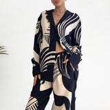 Tweedelige Dames Set met Omgekeerde Halslijn en Wijde Pijpen - Zwart Polyester Sportkleding Dames Set 3