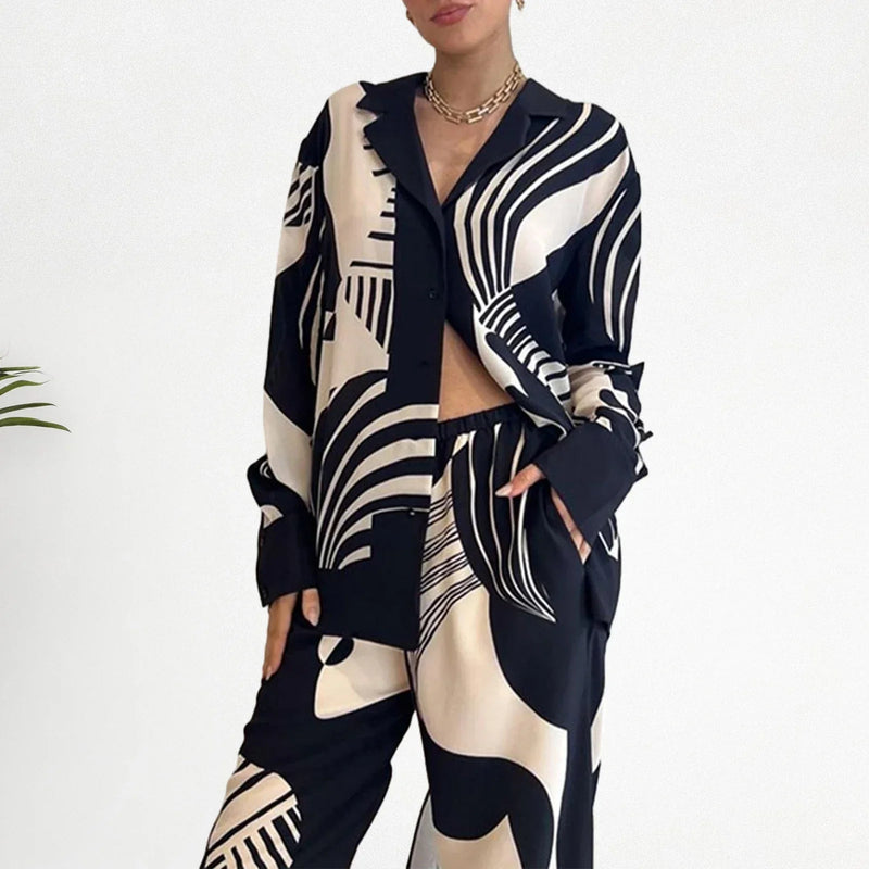 Tweedelige Dames Set met Omgekeerde Halslijn en Wijde Pijpen - Zwart Polyester Sportkleding Dames Set 3