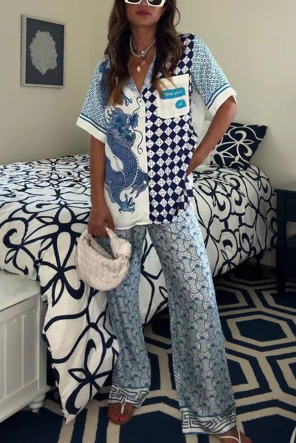 Unieke Dragon Print Kleding Set Dames met Korte Mouwen en Elastische Taille – Zijden Satijnen Zomer Setje 0