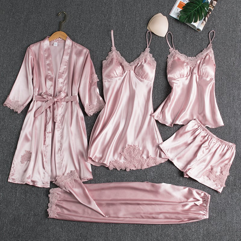 Vrouwen 5-delige Nachtkleding Set – Zacht Lichtgewicht Materiaal met Romantische Snit voor Comfortabele Avonden 5