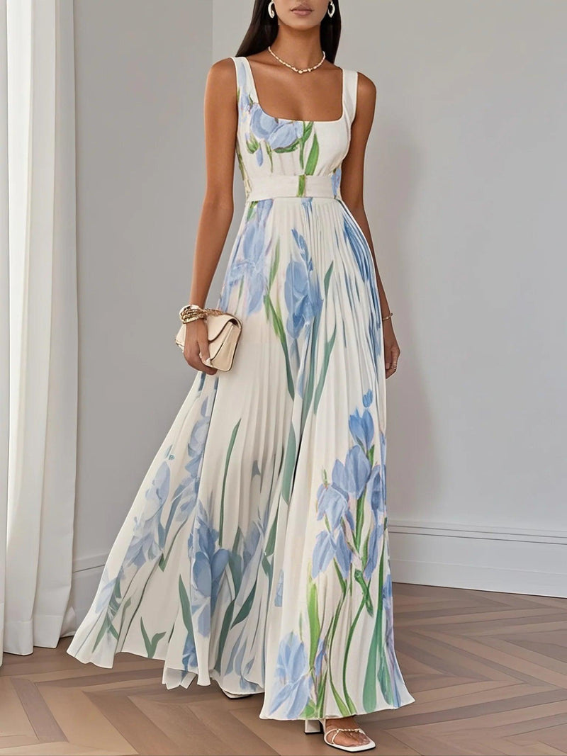 Witte Geplooide Bloemen Maxi Jurk Dames met Vierkante Hals – Mouwloos, A-Lijn, Volledig Gevoerd 2