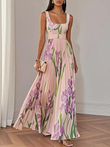 Witte Geplooide Bloemen Maxi Jurk Dames met Vierkante Hals – Mouwloos, A-Lijn, Volledig Gevoerd 3