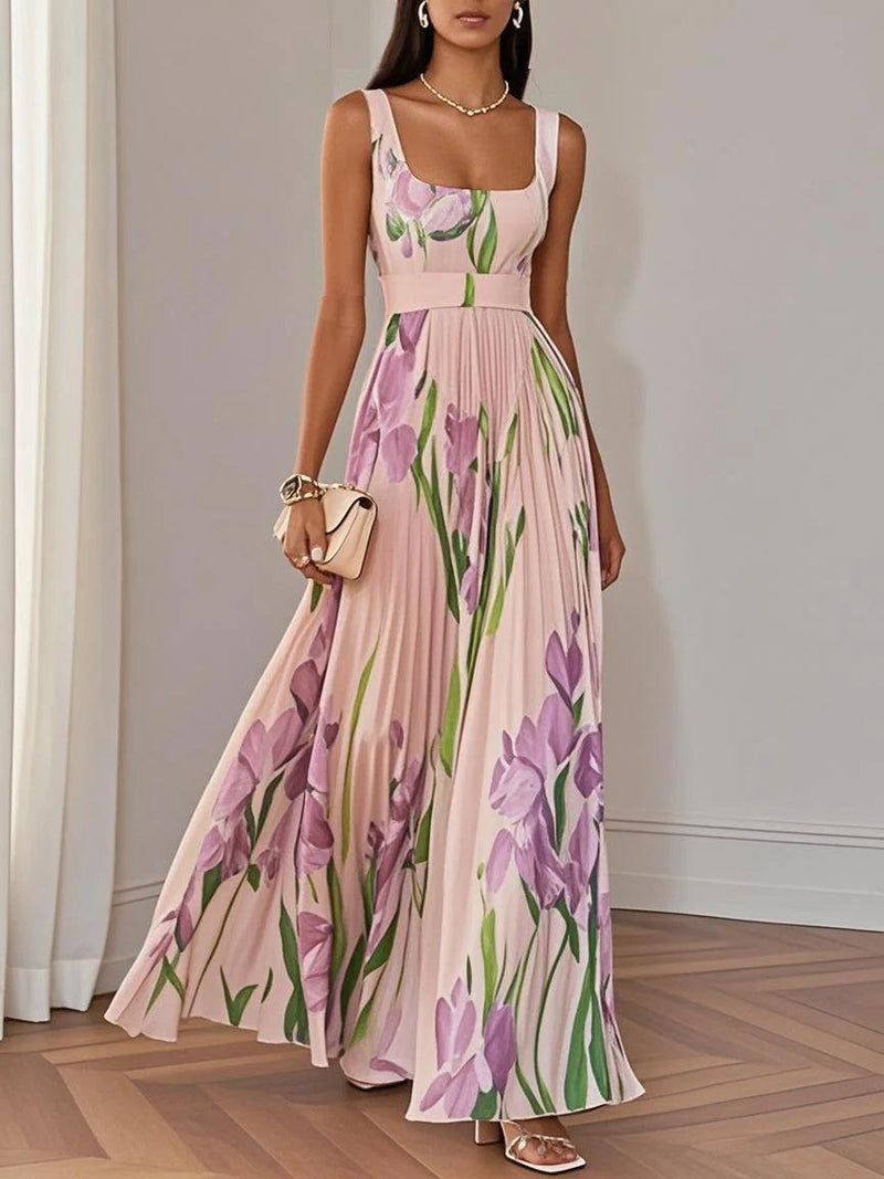 Witte Geplooide Bloemen Maxi Jurk Dames met Vierkante Hals – Mouwloos, A-Lijn, Volledig Gevoerd 3
