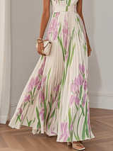 Witte Geplooide Bloemen Maxi Jurk Dames met Vierkante Hals – Mouwloos, A-Lijn, Volledig Gevoerd 6