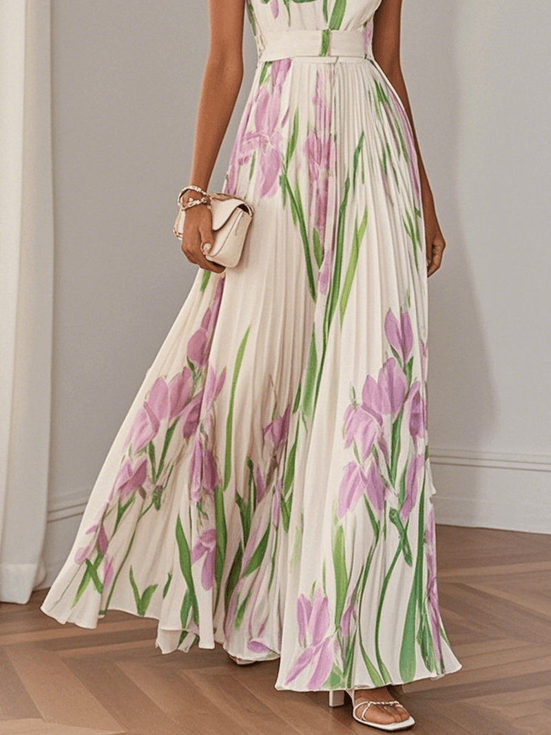 Witte Geplooide Bloemen Maxi Jurk Dames met Vierkante Hals – Mouwloos, A-Lijn, Volledig Gevoerd 6