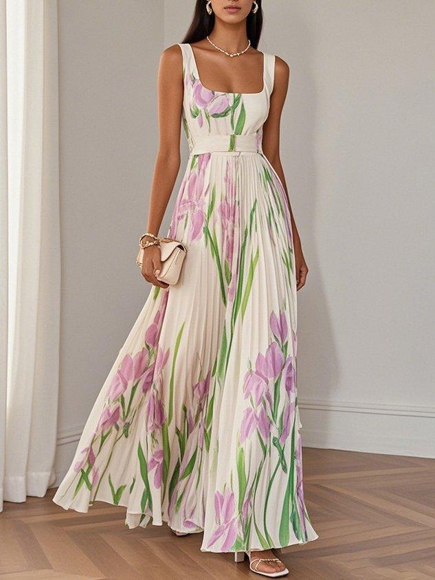 Witte Geplooide Bloemen Maxi Jurk Dames met Vierkante Hals – Mouwloos, A-Lijn, Volledig Gevoerd 7