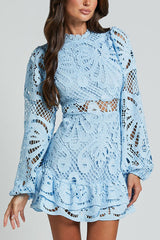 Zwarte Mini Jurk met Kant en Lange Mouwen – Elegante Jurk met Rimpelzoom voor Feesten en Avondjes Uit 0