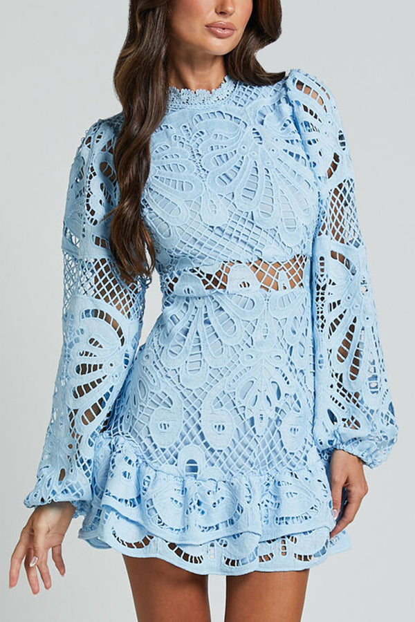 Zwarte Mini Jurk met Kant en Lange Mouwen – Elegante Jurk met Rimpelzoom voor Feesten en Avondjes Uit 0