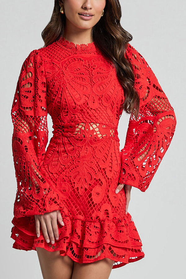 Zwarte Mini Jurk met Kant en Lange Mouwen – Elegante Jurk met Rimpelzoom voor Feesten en Avondjes Uit 3