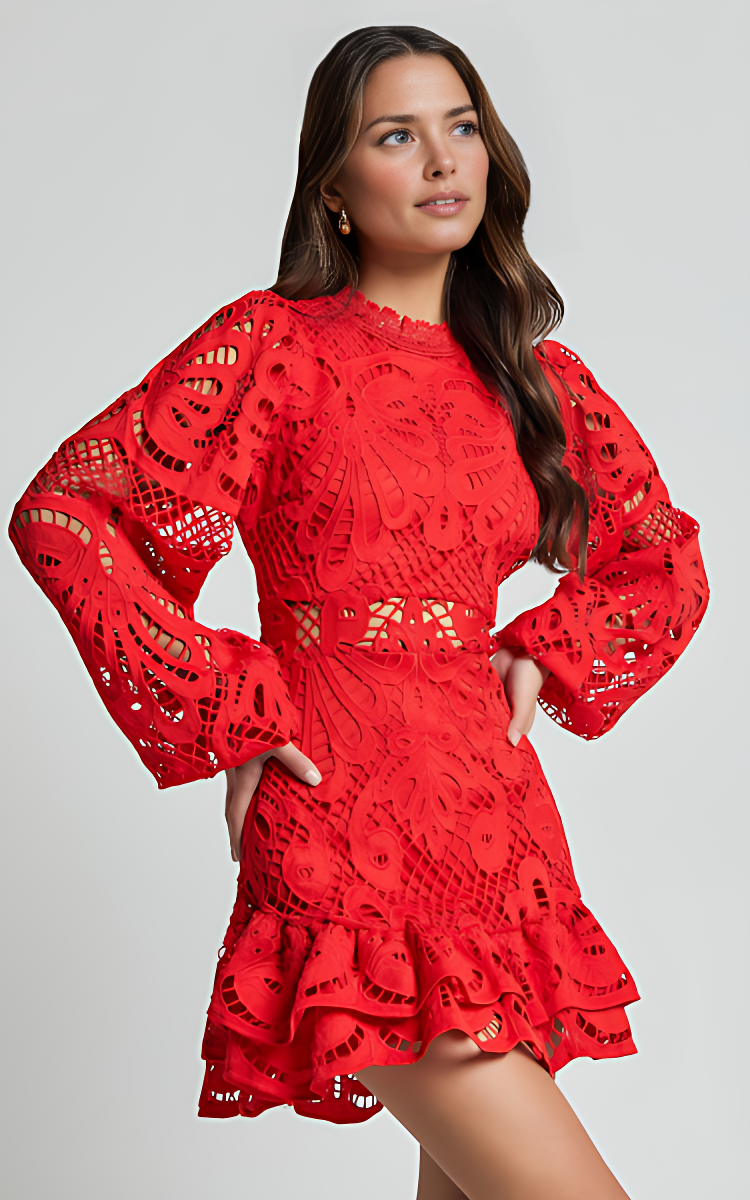 Elegant Lace Mini Dress with Long Sleeves for Women