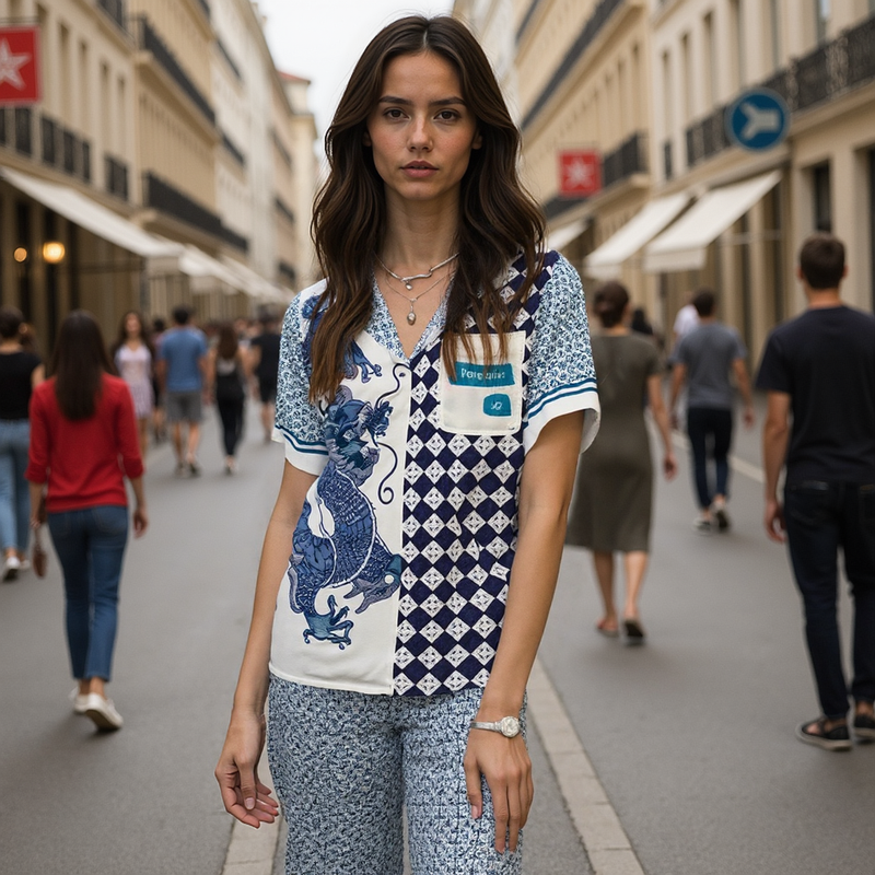Unique Dragon Print Two-Piece Set for Women with Short Sleeves